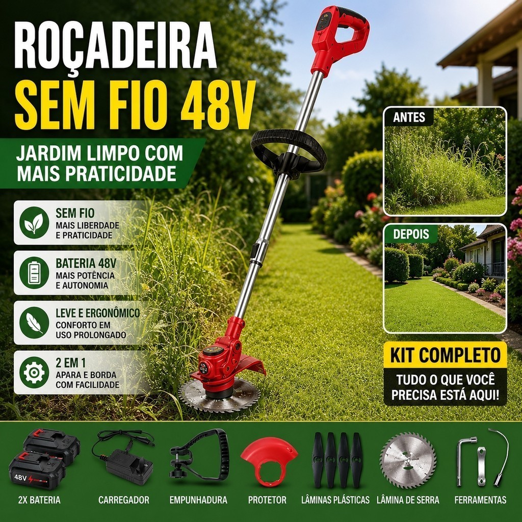 Aparador de Grama Rechargeable 48V - 2 Baterias, Perfeito para Manutenção de Gramado