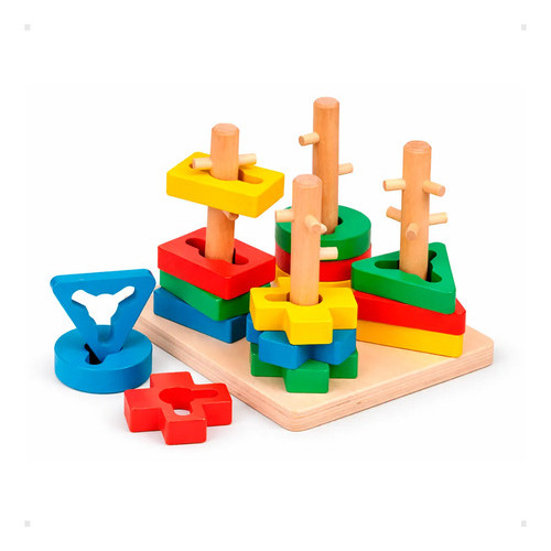 Brinquedo Torre De Formas Geométricas 4 Colunas de Encaixe Diferentes