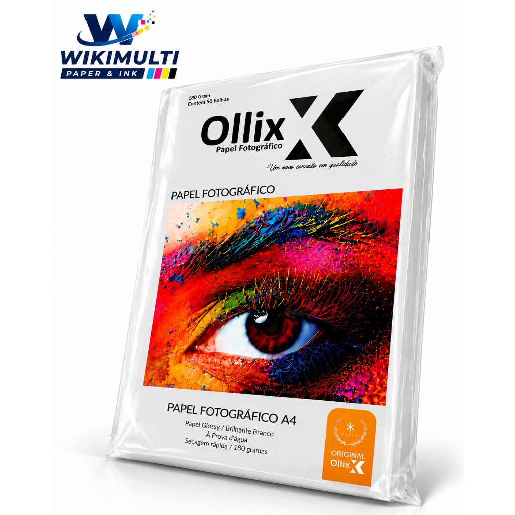 Papel Fotográfico Glossy Brilhante A4 180g Profissional Secagem Rápida com PCT de 20 Folhas - Ollix