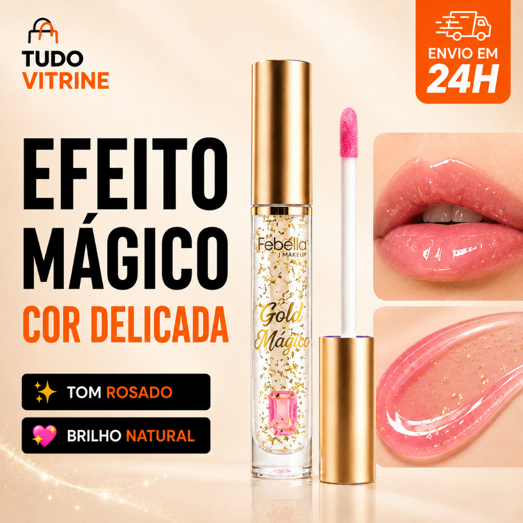Gloss Mágico Febella Gold Brilho Intenso Efeito Glossy Labial com Aplicador