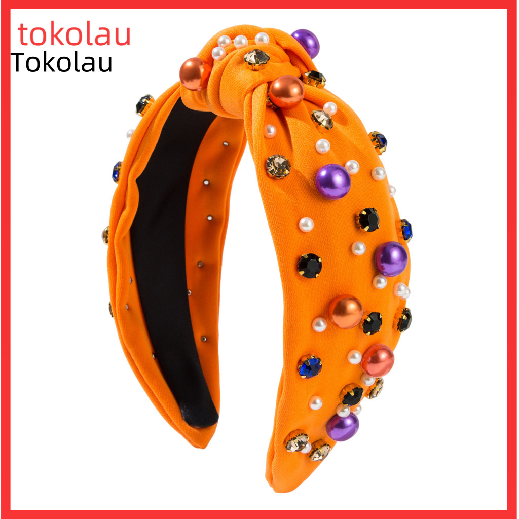 Hair Accessory Halloween Headband for Women Faux Pearls Rhinestones Decor Wide Knot Hoop Stylish Accessories for Adults