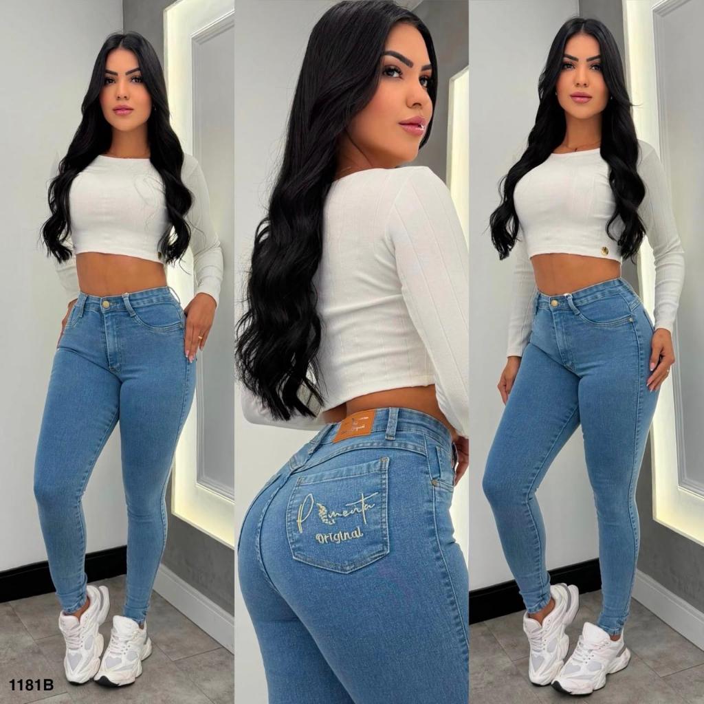 calça jean cintura alta bordada pimenta doce clara