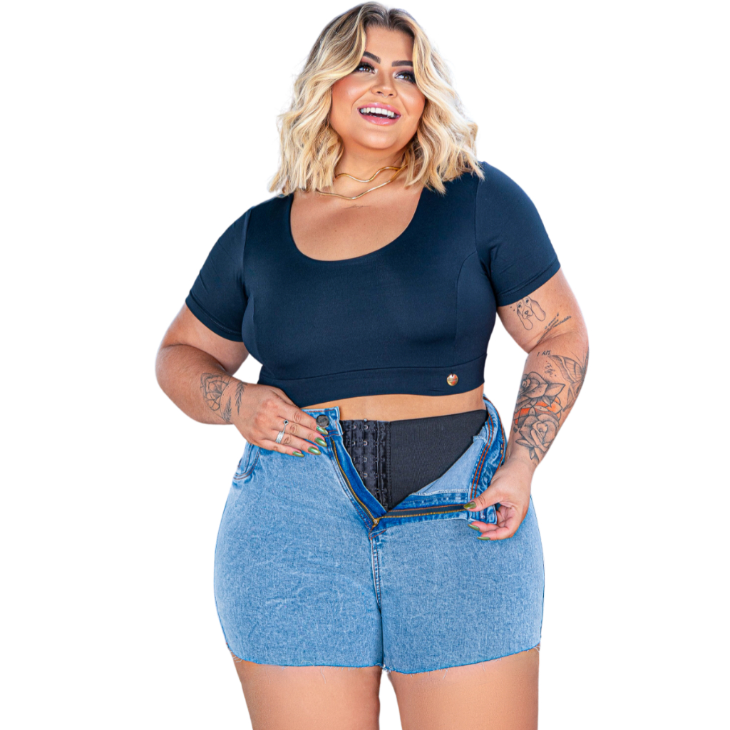 Short Jeans Plus Size Feminino Com Cinta Modeladora Barra Desfiada Jean  Elastano