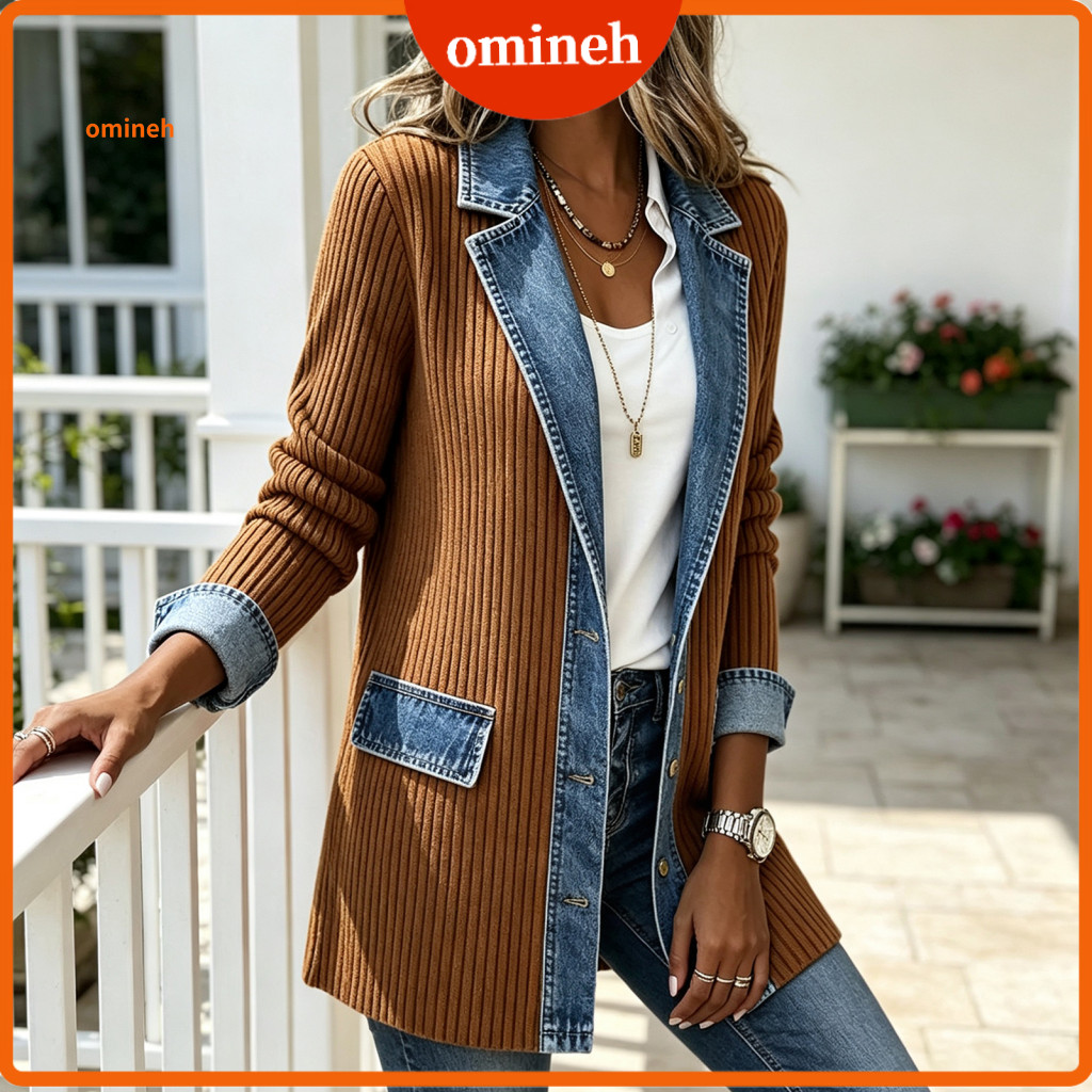 Women Jacket Lapel Collar Winter Women’s Denim Patchwork Fall Long Sleeve Jean Blazer Coat with and Buttons Stylish Of