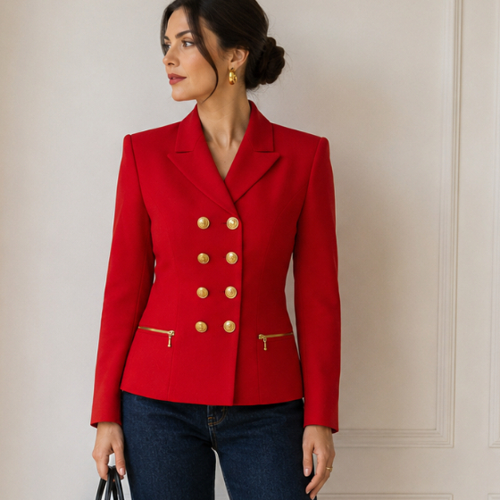 Blazer Brechó Vintage 90s Jean Dessès Lã Vermelho Ombreiras Dourado Executivo Chic