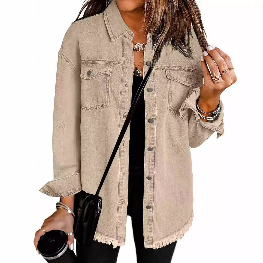 Mulheres Camisa De Cowboy Jaqueta Feminina Estilo Streetwear Borda Escovada Bainha Jean Casaco Casual