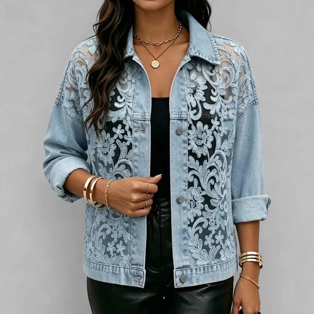 Feminino Transparente Rendas Retalhos Denim Jaqueta Casual Solto Botão Até Jean Casaco Na Moda Manga Longa Streetwear Ou