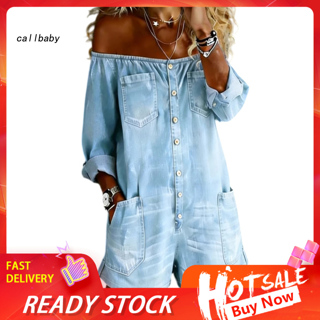 Pockets Jumpsuit Women Vintage Cargo Pants Women’s Off-shoulder Short Sleeve Denim Button-down Jean Romper with Summer