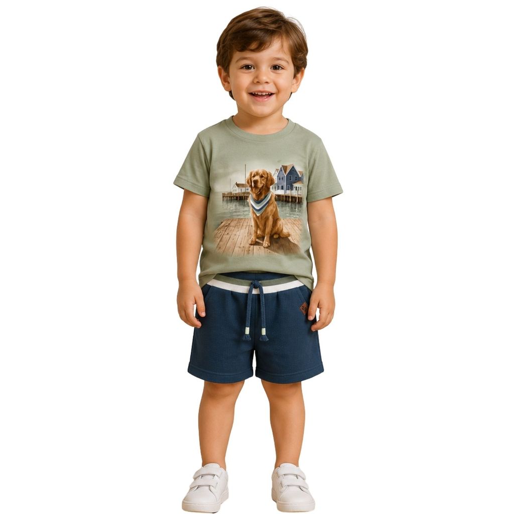 Conjunto Infantil Menino Milon Verde Cha Matcha Camiseta Estampa Frontal Cachorro e Bermuda 2001791