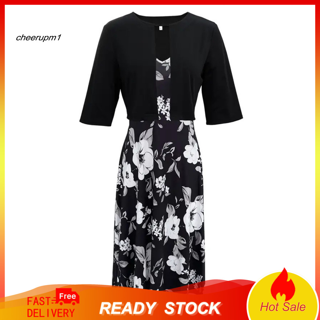 Women Coat Dress Set Half Sleeve 2 Pcs Cardigan Floral V Neck A-line Midi Elegant Formal Commute Outfit for Ladies Styli