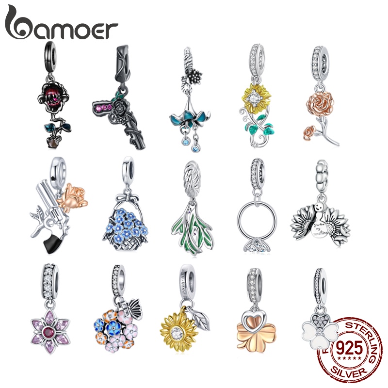 Bamoer 925 Sterling Silver Sunflower/Rose/Clover Pendant DIY Beads Gift Jewelry Accessory for Bracelets
