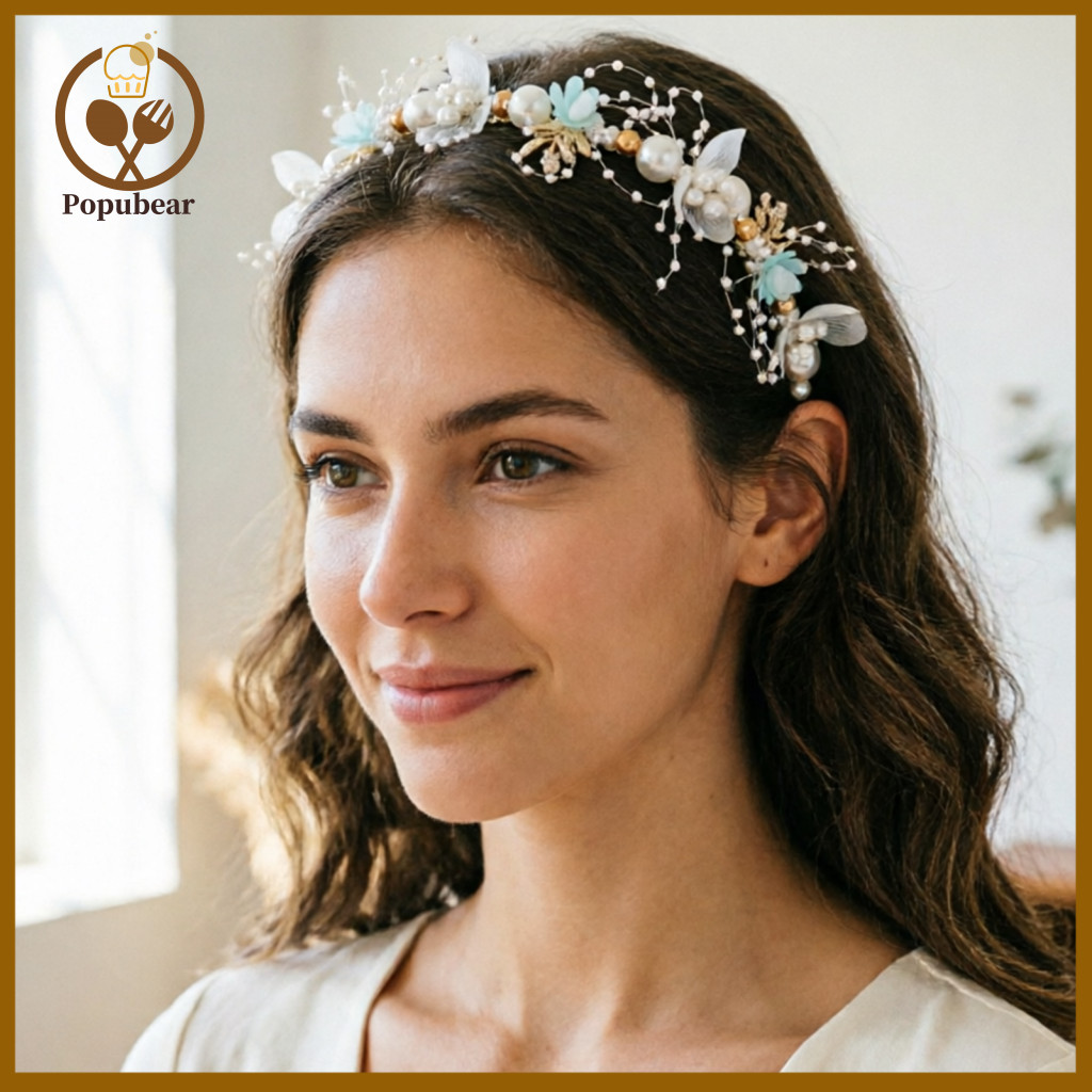 Floral Headband Bead Butterfly with Adjustable Pale Pink Tulle Ribbon Imitation Pearls Cubic Zirconia Hair Hoop – Eleg