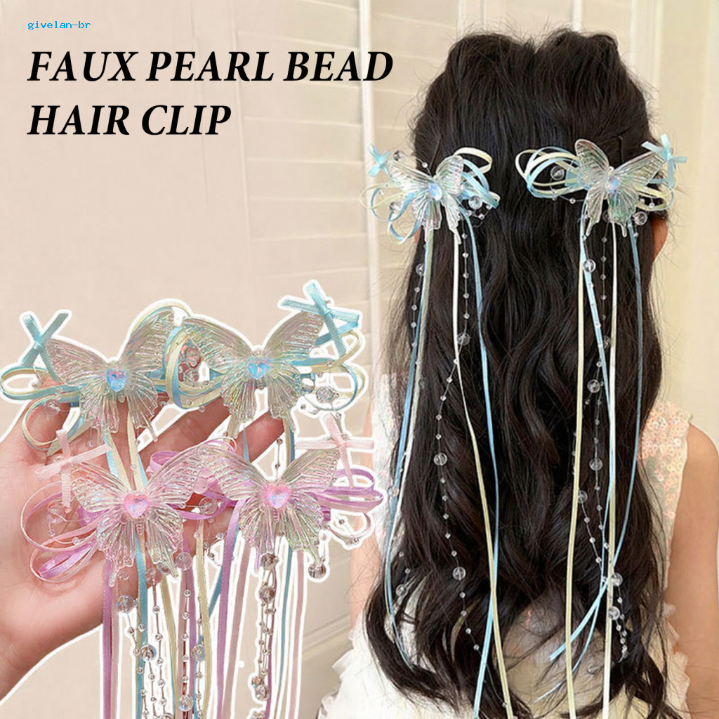 Fairy Hairstyle Accessory Faux Pearl Bead Hair Clip Butterfly Hairpin with Long Ribbon Bowknot and Beaded Tassel Cute fo
