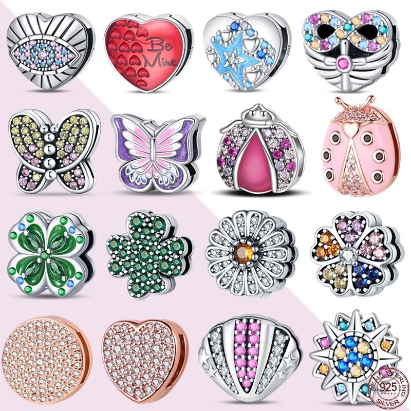 Flat Bead Series-Violet Butterfly Charm 925 Silver Exclusive Red Heart Circle Clip Bead Adequado para Presentes de Jóias