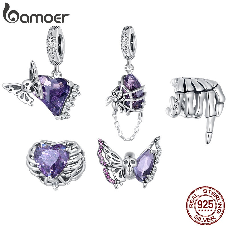 BAMOER 925 Silver Sterling Halloween Seires of Skeleton Hand/Heart-shaped/Butterfly/Spider Beads DIY Acessórios Para Pre
