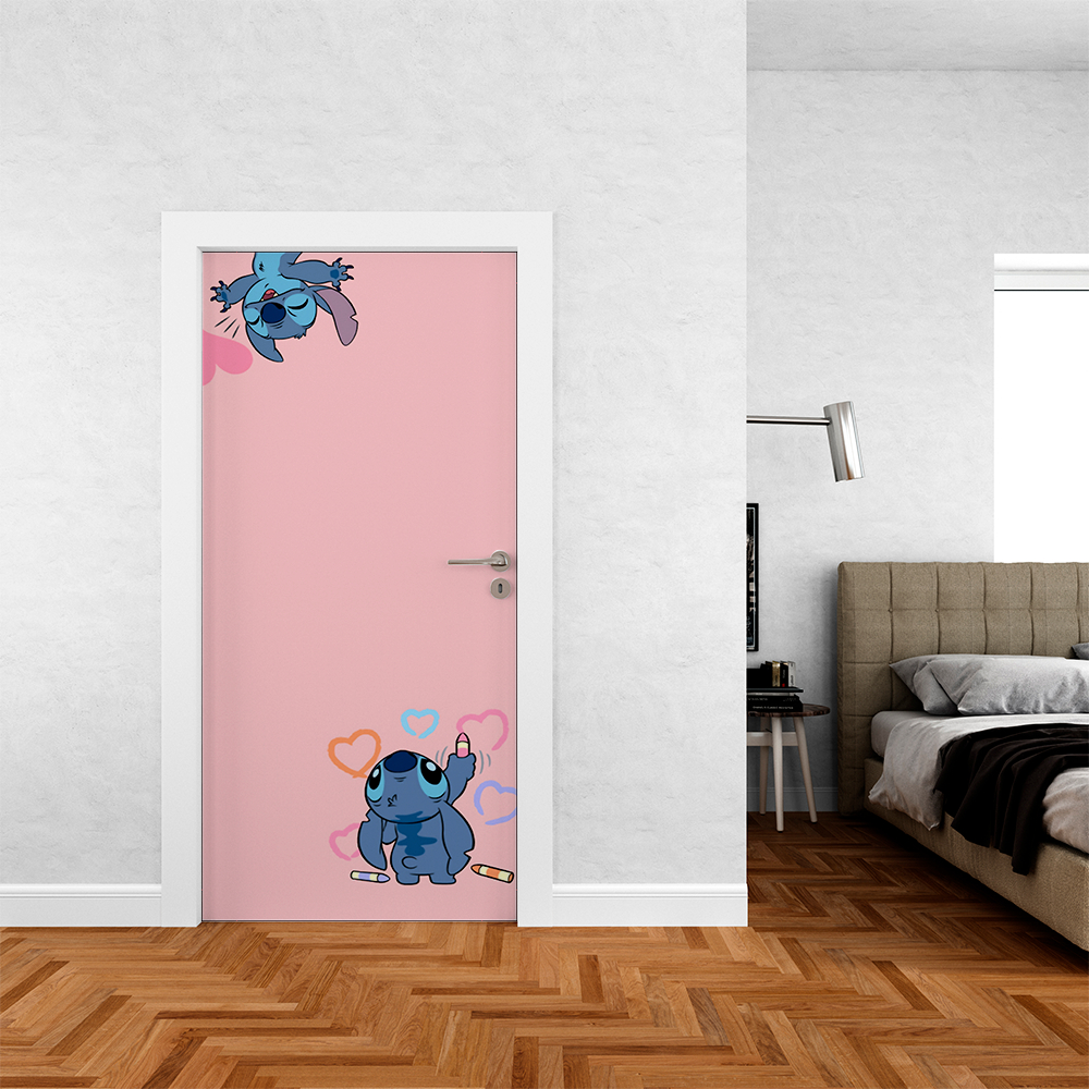 Capa De Porta Em Tecido Tema  Stitih Baby Cute Corações Coloridos  Decoração 0,85x2,10m Veste Fácil