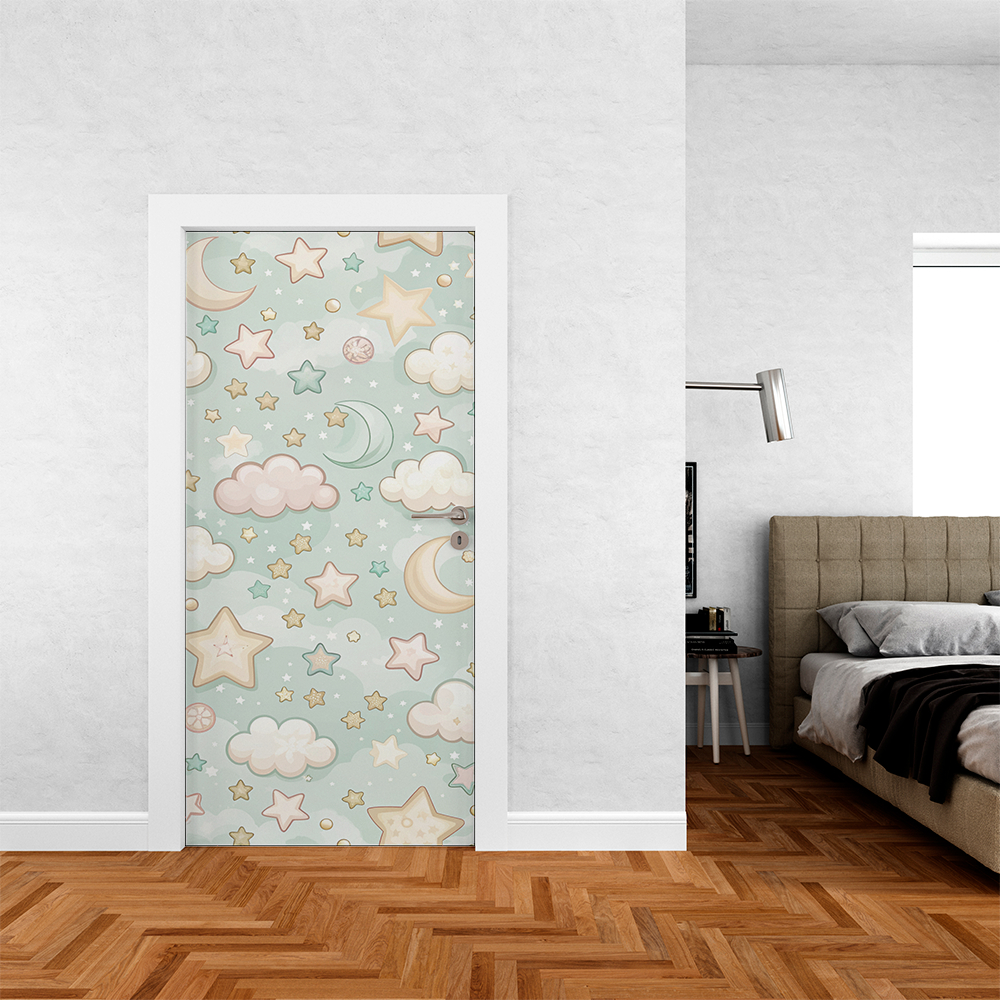 Capa De Porta Em Tecido Tema Céu Estrelas Coloridas Nuvens Lua Cute Decoração 0,85x2,10m Veste Fácil