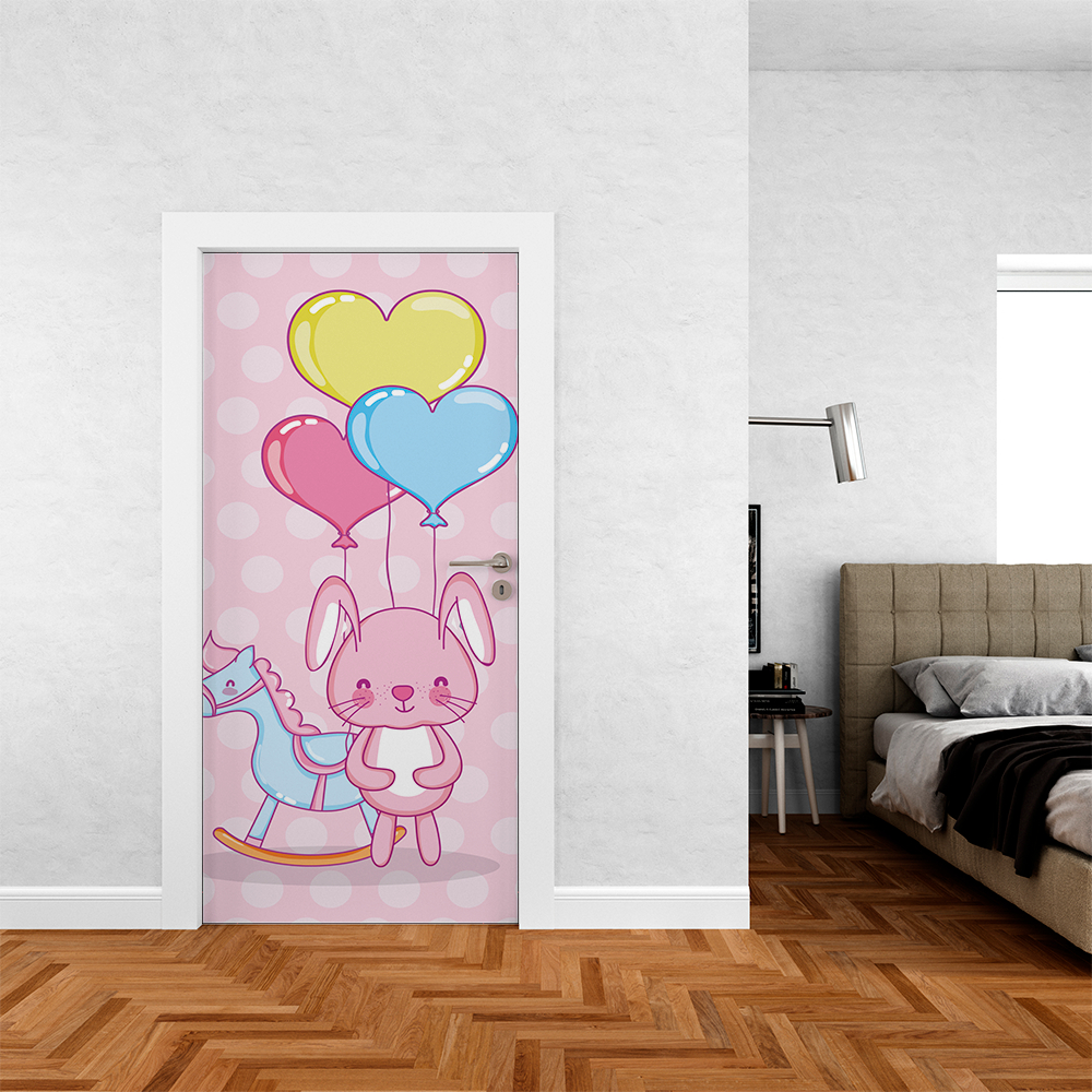 Capa De Porta Em Tecido Tema Ursinho Corações Coloridos Cavalinho Cute Menina Decoração 0,85x2,10m Veste Fácil