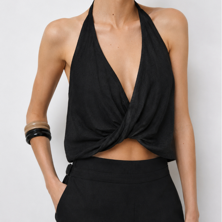 Regata tipo linho lov.it preta boho chic degagê cowl neck - cropped - tamanho P/M