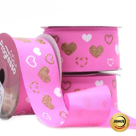 1,95 metros Fita Gorgurão Decore Glitter Corações Dourados Fundo Rosa 38mm nº9 Progresso