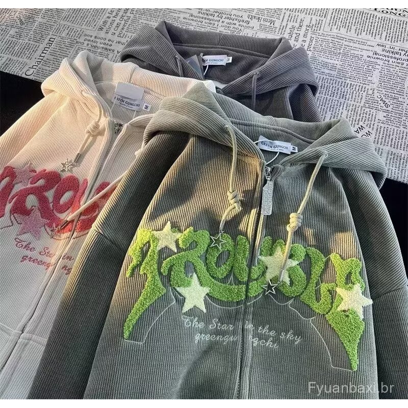 Fonte de comércio exterior Cross-Border venda quente outono inverno americano veludo zíper Hoodie grosso bordado com cap