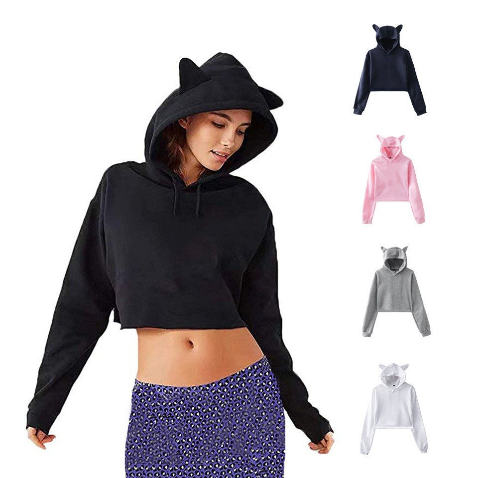 Cross-Border cor sólida orelhas de gato moletom com capuz europeu americano doce bonito meninas moletom curto outono inv