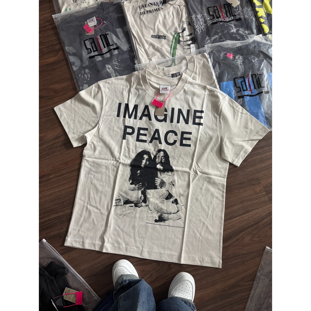 Okdela SAINT MICHAEL Imagine Peace Letters Trendy Niche Design vintage camiseta de manga curta masculina
