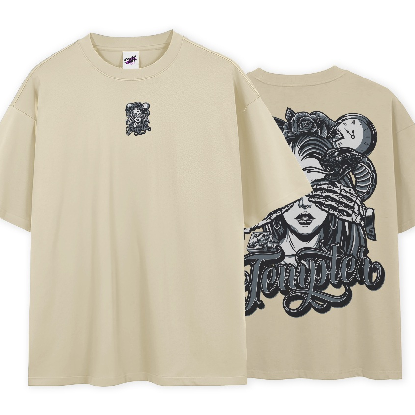 Camiseta Oversized Time Woman Skull Tempter Time Relogio Preto e Branco T-Shirt