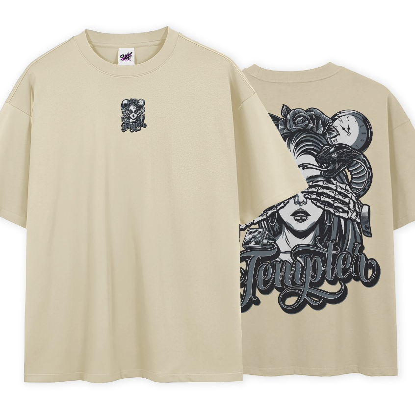 Camiseta Oversized Time Woman Skull Tempter Time Relogio Preto e Branco T-Shirt