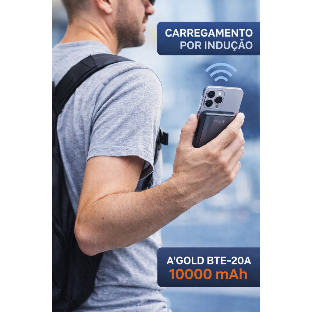 Power Bank A’Gold BTE-20A 10000mAh | Carregamento por Indução Wireless | 22.5W | Cabos Integrados