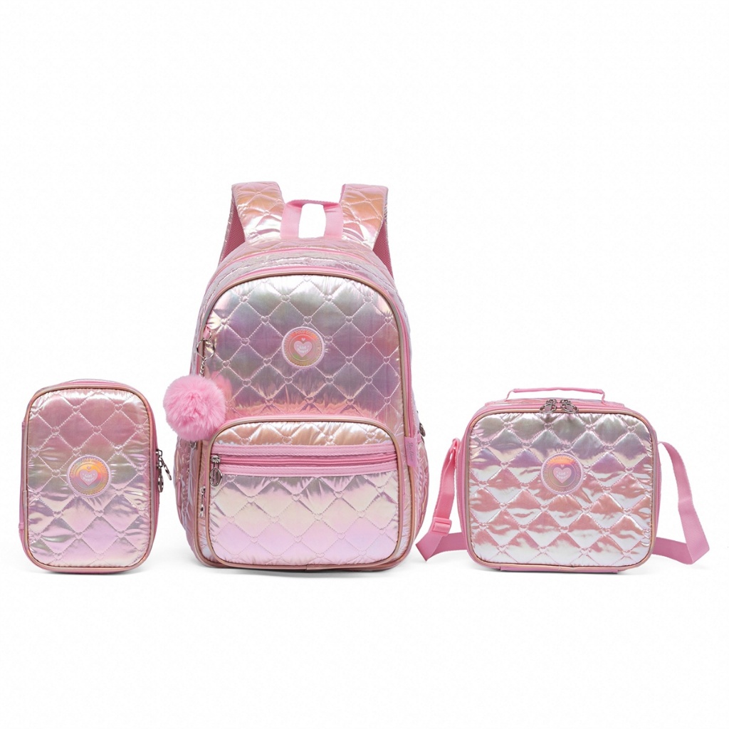 Kit Mochila Juvenil Feminina Bolsa Escolar Holográfica Lancheira Térmica Estojo