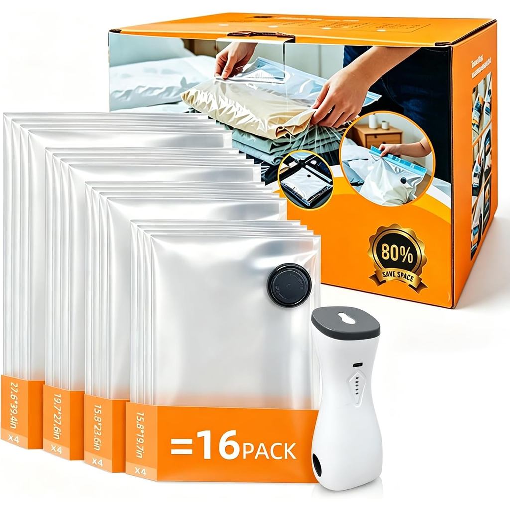 16 Pack Vacuum Bags for Travel with pump Vacuum Storage bags for clothing | Rechargeable Inflation & Deflation Dual Use