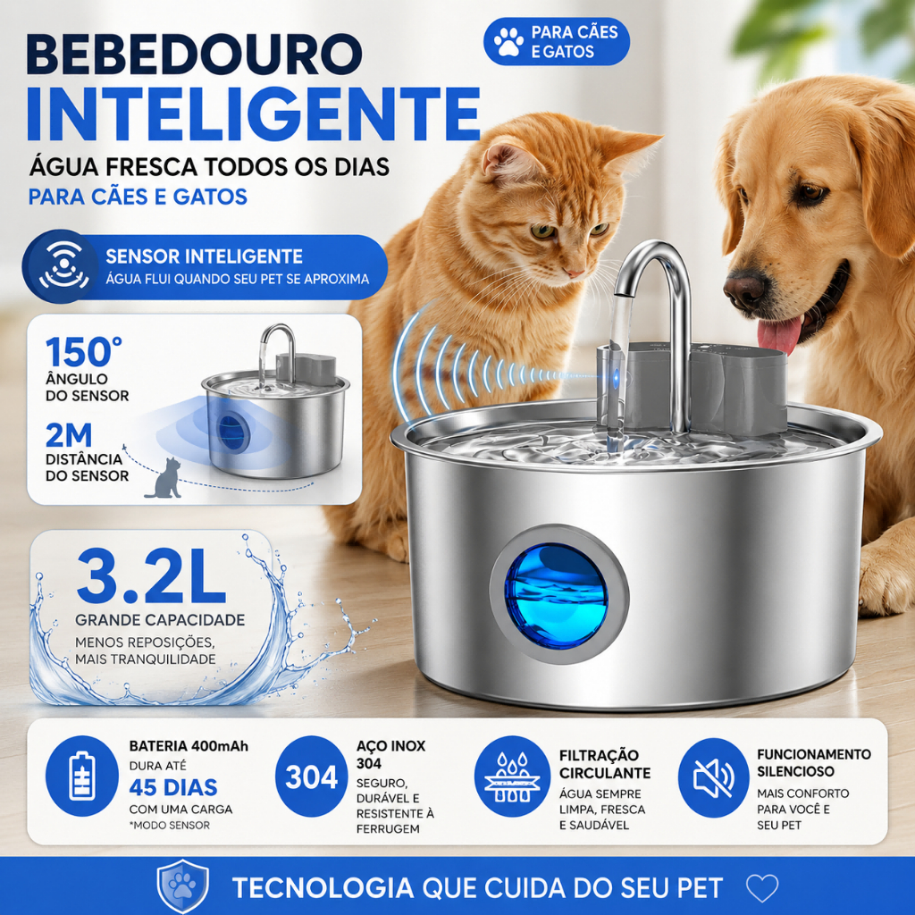 3.2L De Aço Inoxidável Sem Fio Sensor De Recarga Cat Water Fountain Fonte Automática Para  Gatos