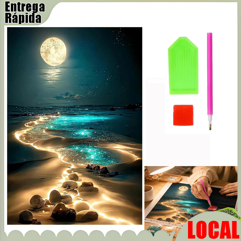 Romântico Lua Noite Praia Pacote de Material de Bordado de Diamante Adulto DIY Full Diamond Paisagem Conjunto Completo A