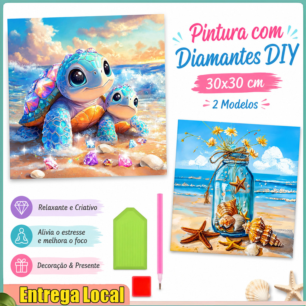5D Full Diamond Painting Conjunto completo de ferramentas para praia, tartaruga marinha, garrafa de vidro, vista para o