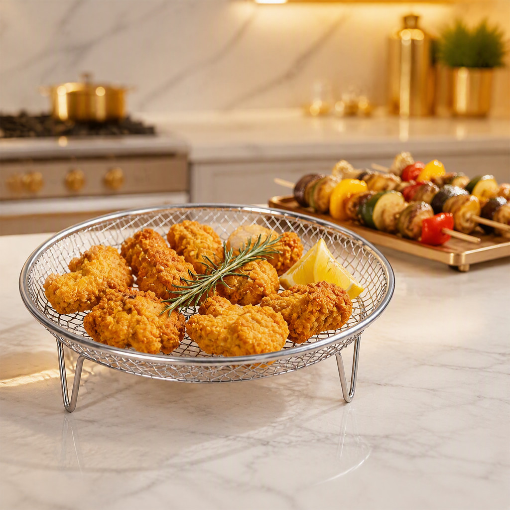 Air Fryer Stainless Steel Rack with High Support Legs Heat Resistant Drain Tray for Even Circulation – Durable Kitchen