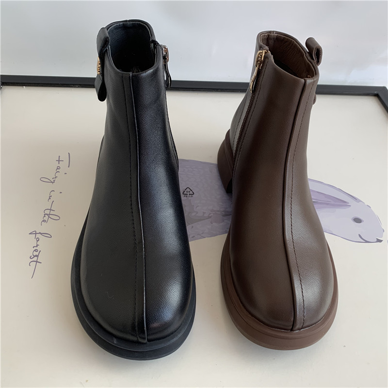 Chelsea Boots She ~ Top Layer Pele de Carneiro Salto Baixo Flat Round Toe Botas de Chaminé Botas Femininas Botas de Tubo