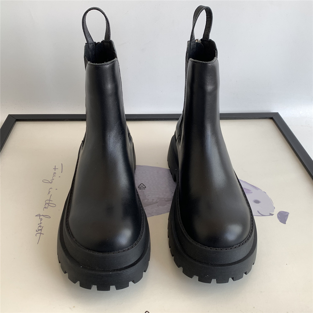Botas Chelsea Cem ~ T Camada Superior de Couro de Salto Médio Flat Round Toe Botas de Cigarro com Zíper Traseiro Botas F