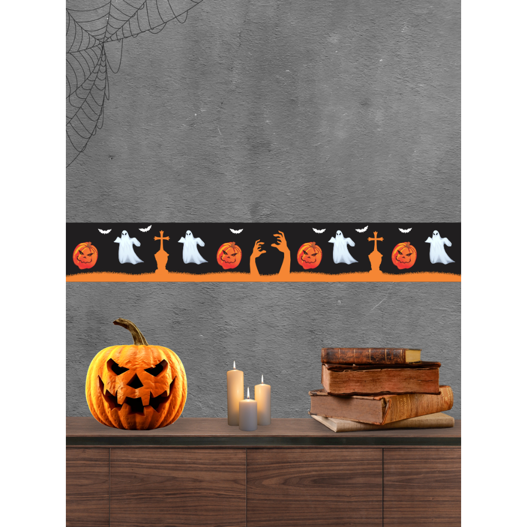 Kit com 2 Faixas Papel de Parede Border Faixa Adesiva Decoração HALLOWEEN ZUMBI E FANTASMA 043X