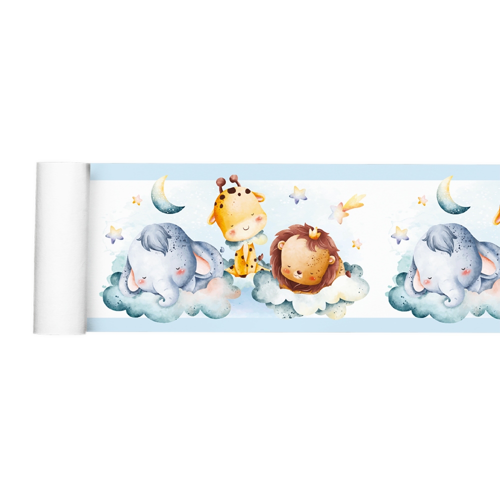Faixa Adesiva Decorativa Border Safari Soneca Aquarela Azul 023bd