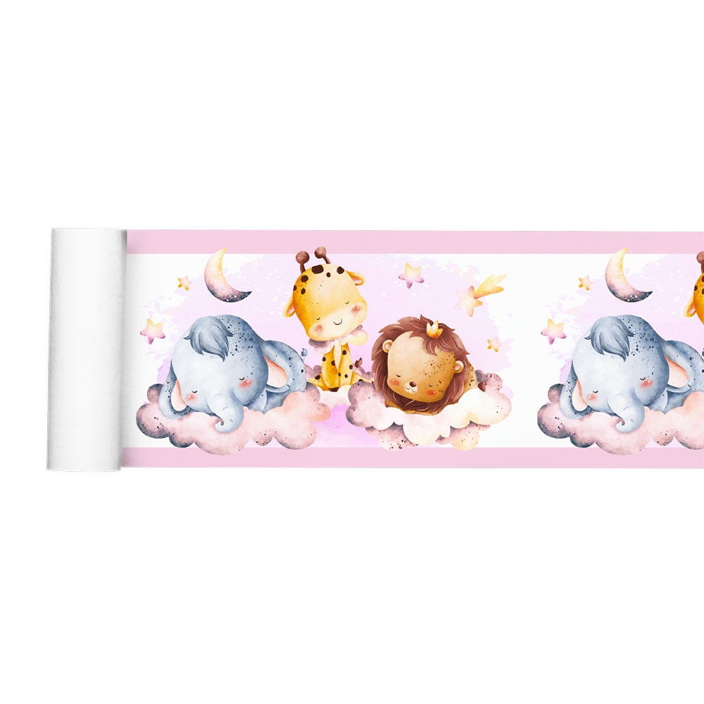 Faixa Adesiva Decorativa Border Safari Soneca Infantil Aquarela Rosa 024bd