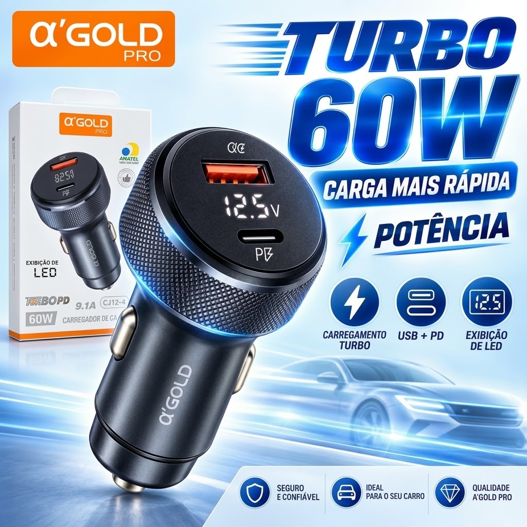 Carregador Veicular Turbo 60W USB Tipo C PD + USB QC 9.1A com Visor LED para Celular Carro A’Gold