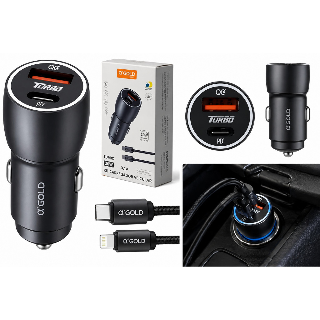 Carregador Veicular Rápido 30W A’Gold USB + Tipo C Para Carro Android Cabo Tipo C/Tipo C