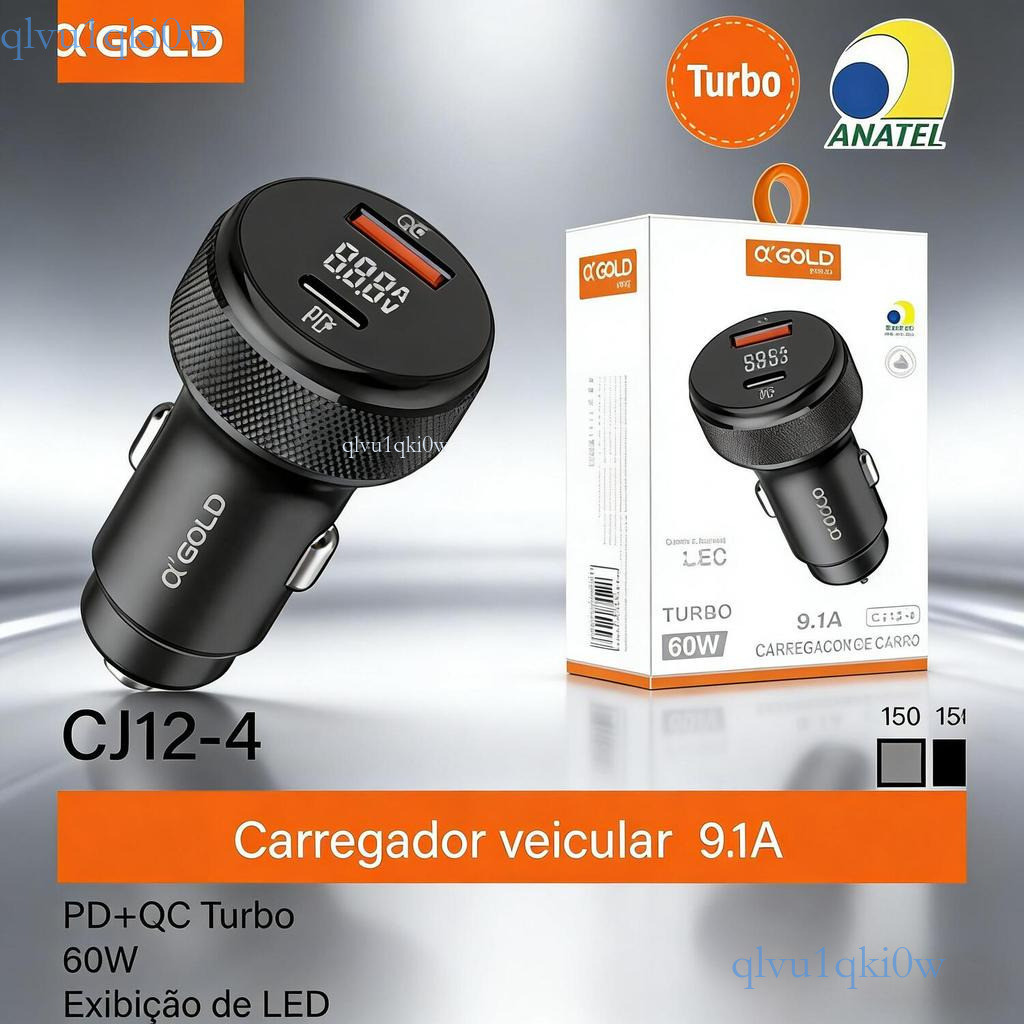 Carregador para Carro 60W A’Gold Pro 9.1A - Display LED, Saídas PD e QC3.0 CJ12-2  💖ki0ww