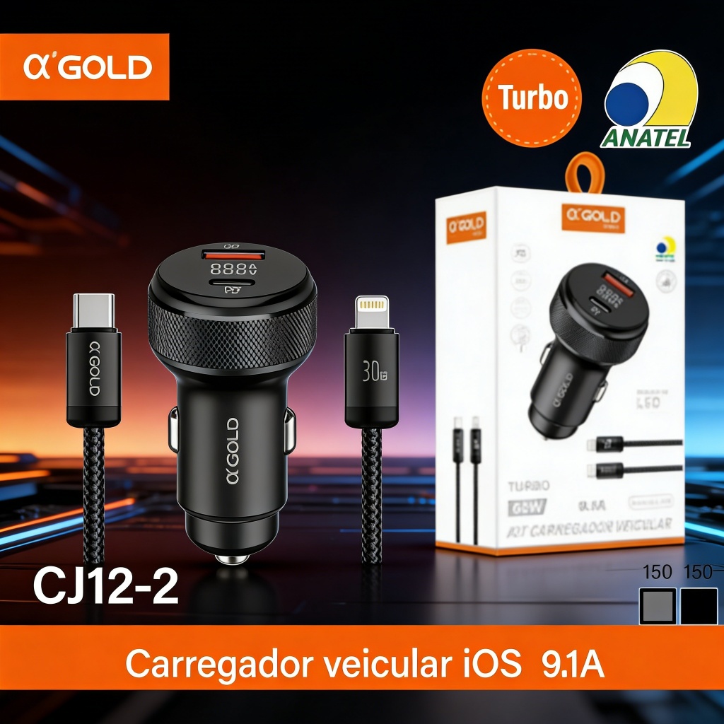 Carregador para Carro A'Gold CJ12-2 - 60W PD 9.1A, LED, Carga Rápida com Cabo