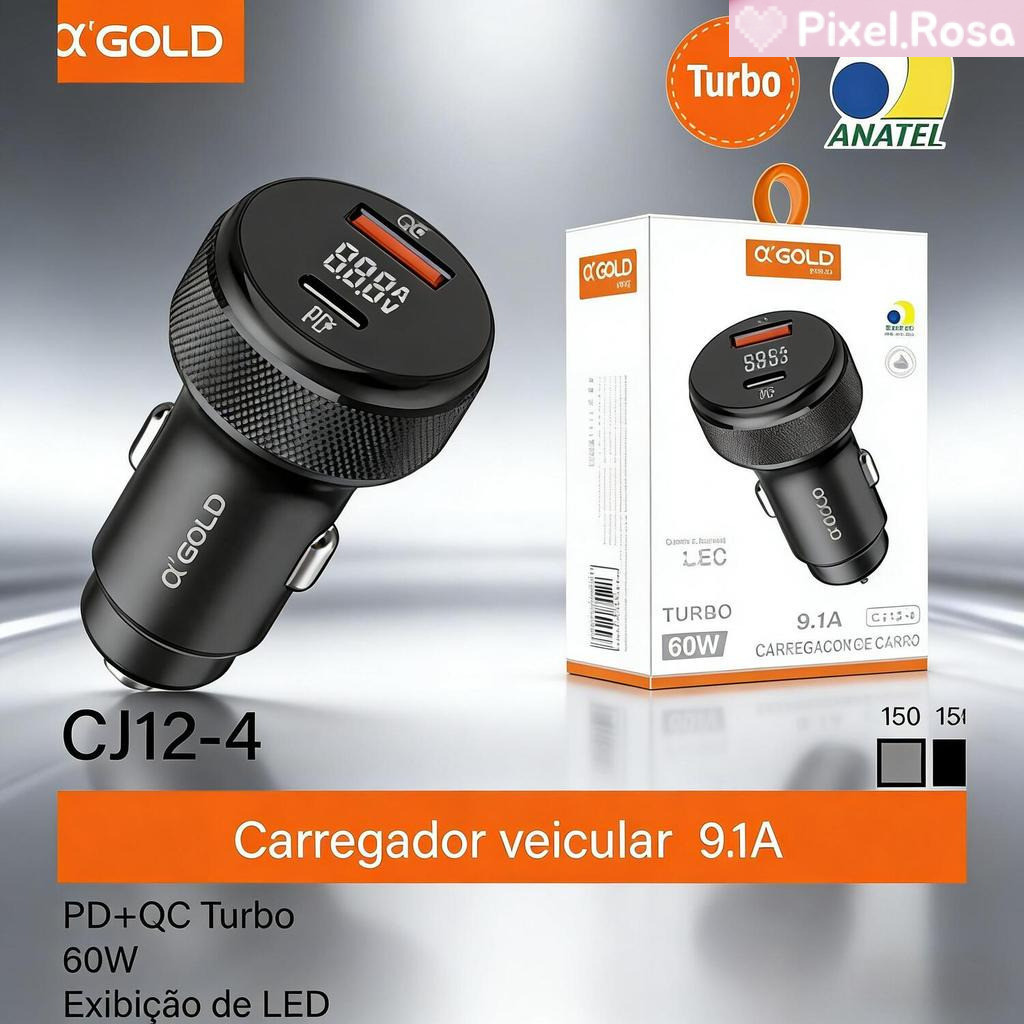 Carregador para Carro 60W A’Gold Pro 9.1A - Display LED, Saídas PD e QC3.0 CJ12-4  [Original]