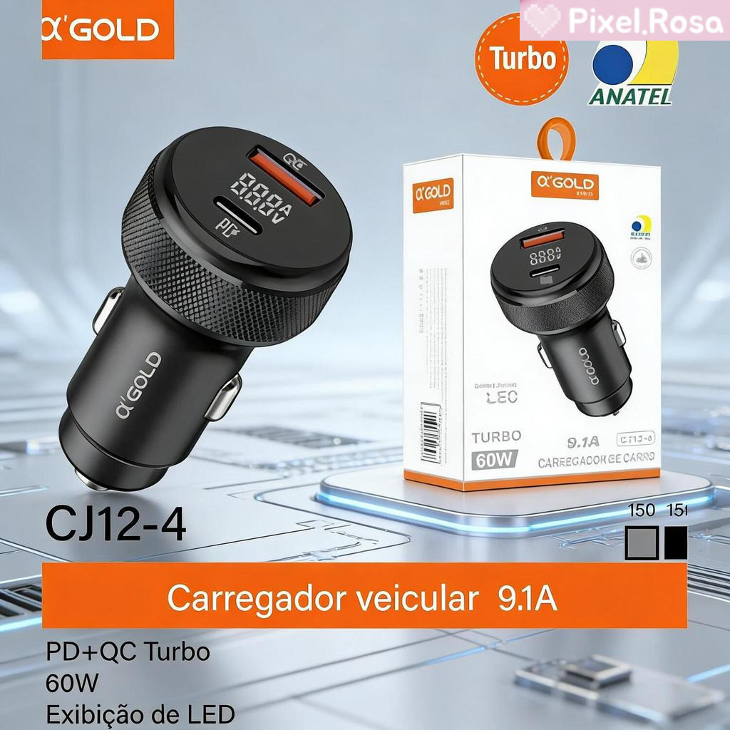 Carregador Veicular A’Gold Pro 60W 9.1A - Display LED, PD + QC3.0 CJ12-4  [Original]