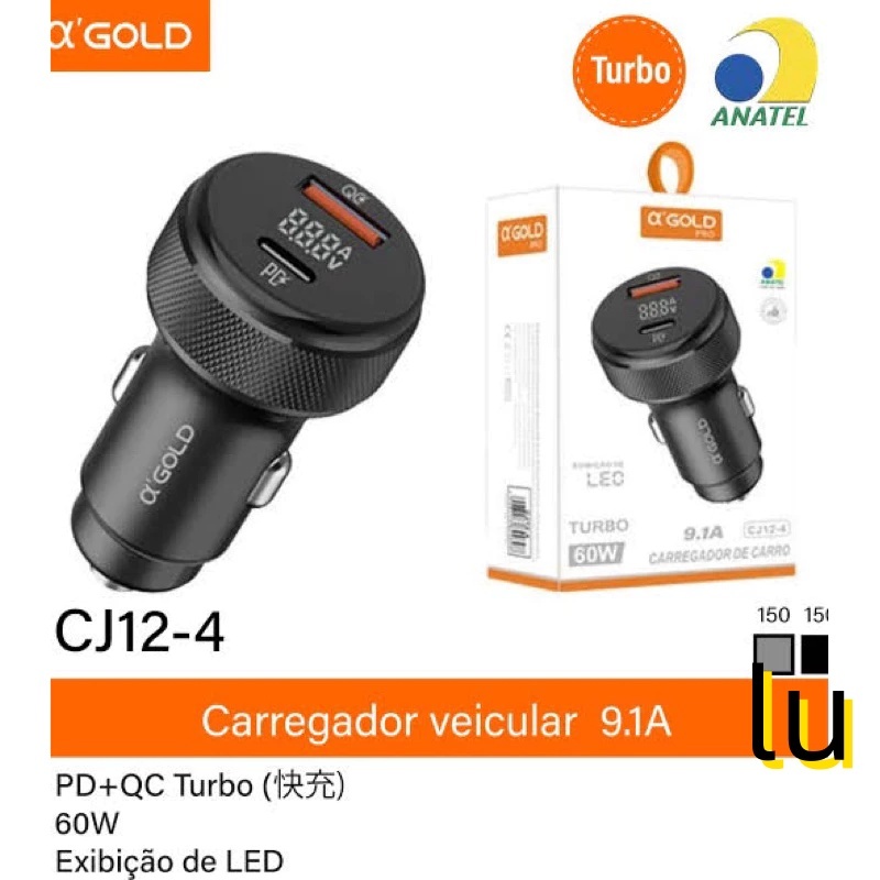 Carregador Veicular Turbo 60W 9.1A com Exibição de LED CJ12-4 A' Gold 2 Saídas Type-c Usb