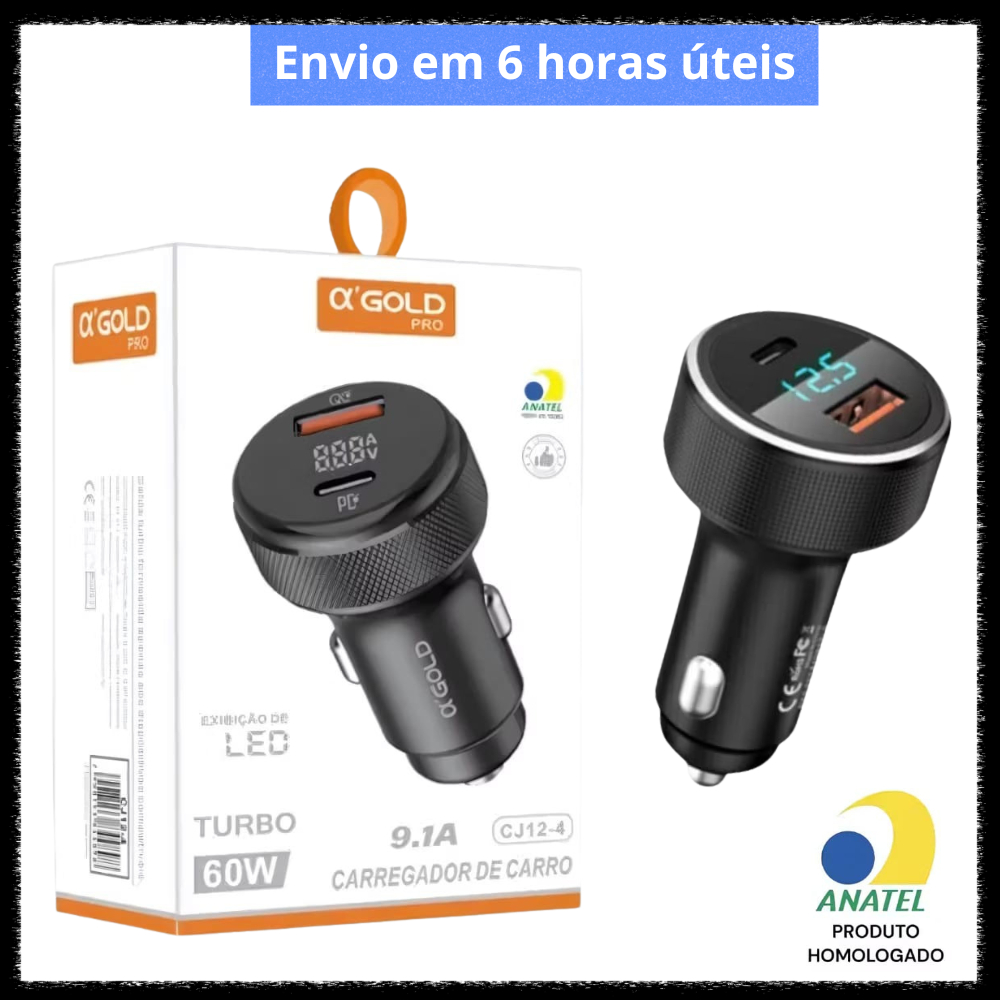 Carregador Veicular Turbo 60W CJ12-4 A’Gold Pro 9.1A com Display LED e Saídas PD + QC3.0 – Preto