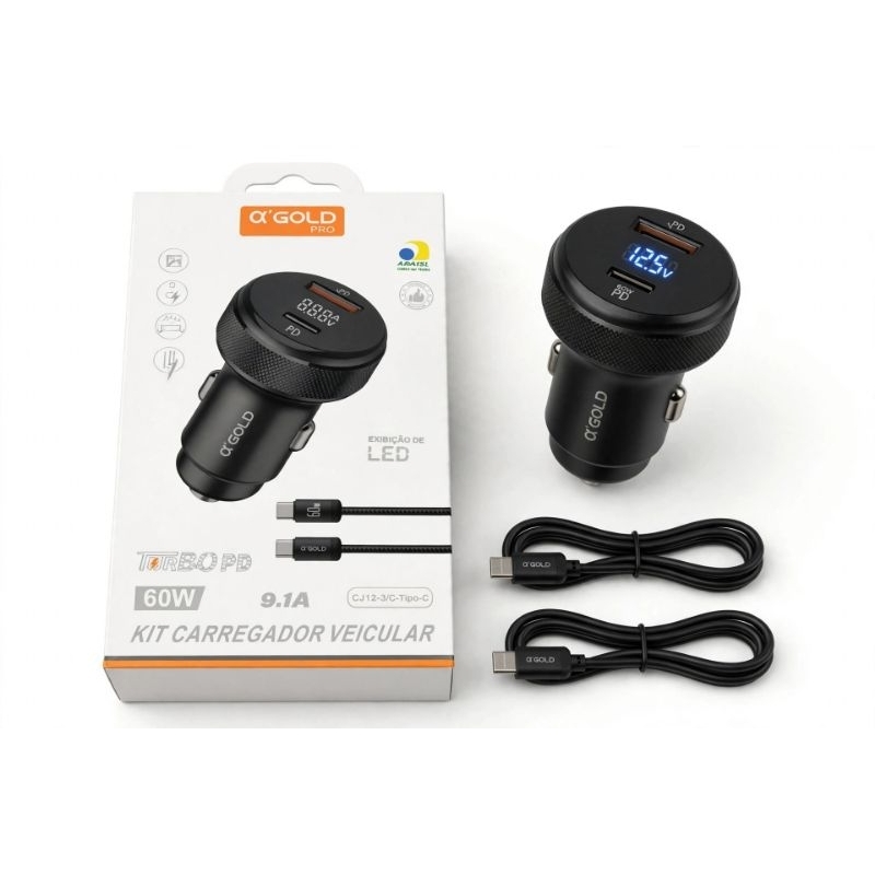 Kit Carregador Veicular Turbo 60W 9.1A Type C A'GOLD LED Carro Rápido